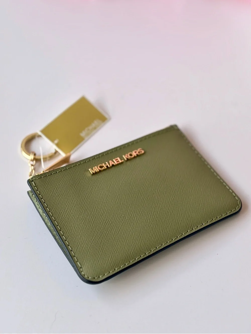 Michael Kors Olive Green Saffiano Cardholder Small Wallet with Gold Keyring